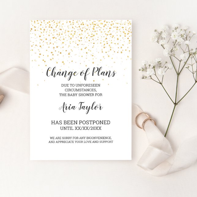 Invitation Annonce de report de fête de bébé avec confettis d (Créateur téléchargé)