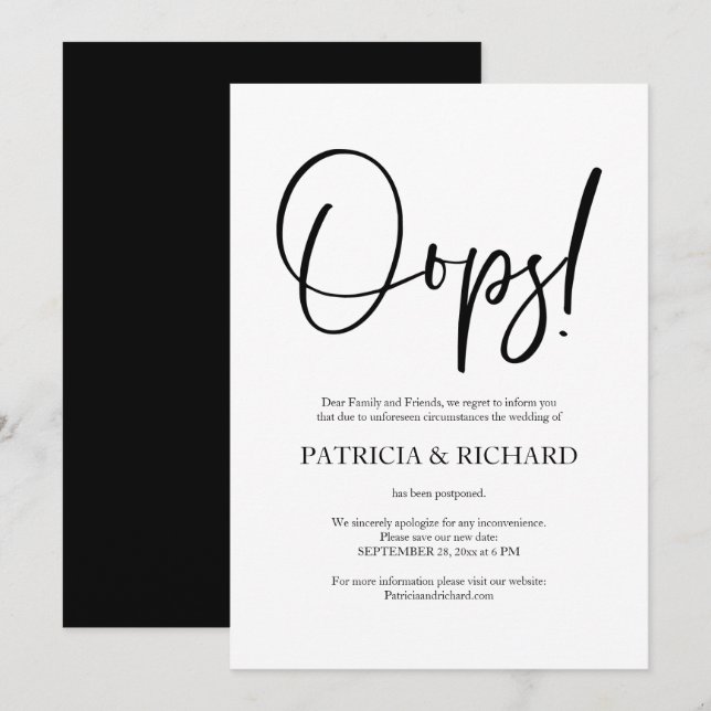 Invitation Annonce de report de mariage chic simple Oops (Devant / Derrière)