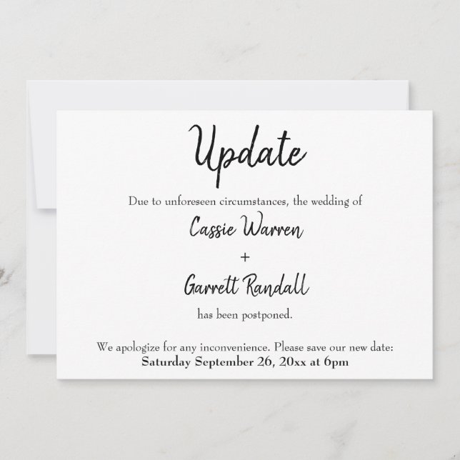 Invitation Annonce de report de mariage "Mise à jour" (Devant)