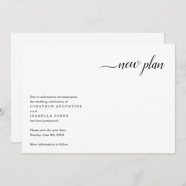 Invitation Annonce de report de mariage moderne (Devant / Derrière)