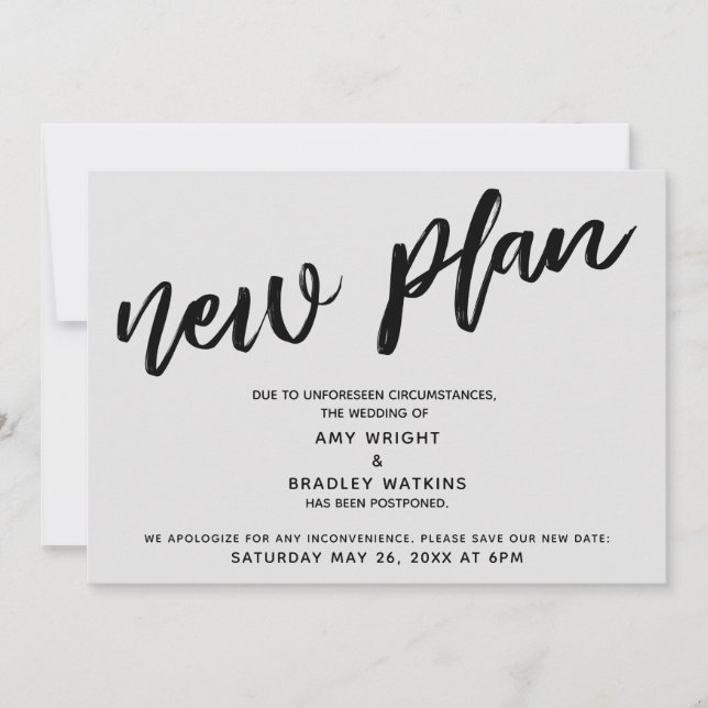 Invitation Annonce de report de mariage "Nouveau Projet" Gris (Devant)