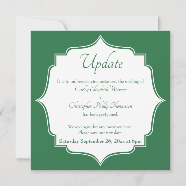 Invitation Annonce de report de mariage vert mise à jour (Devant)