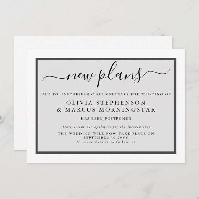 Invitation Annonce de report d'événement moderne Nouveau plan (Devant / Derrière)