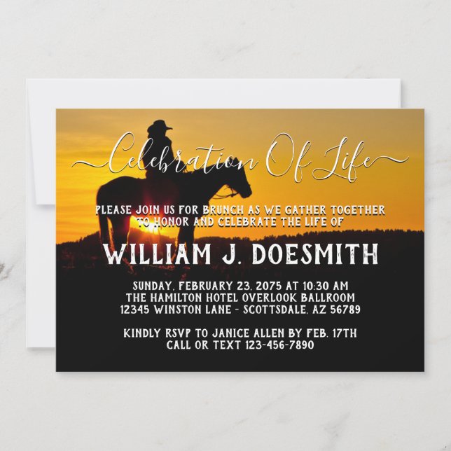 Invitation Annonce de service commémoratif Cowboy Sunset (Devant)