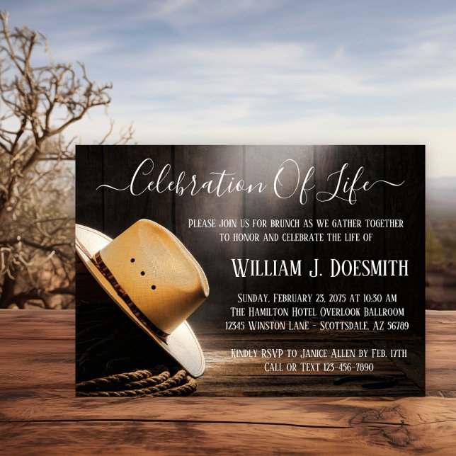 Invitation Annonce de service funèbre à la mémoire de Cowboy (Cowboy hat and rope memorial invitation. Simply add your event details.)