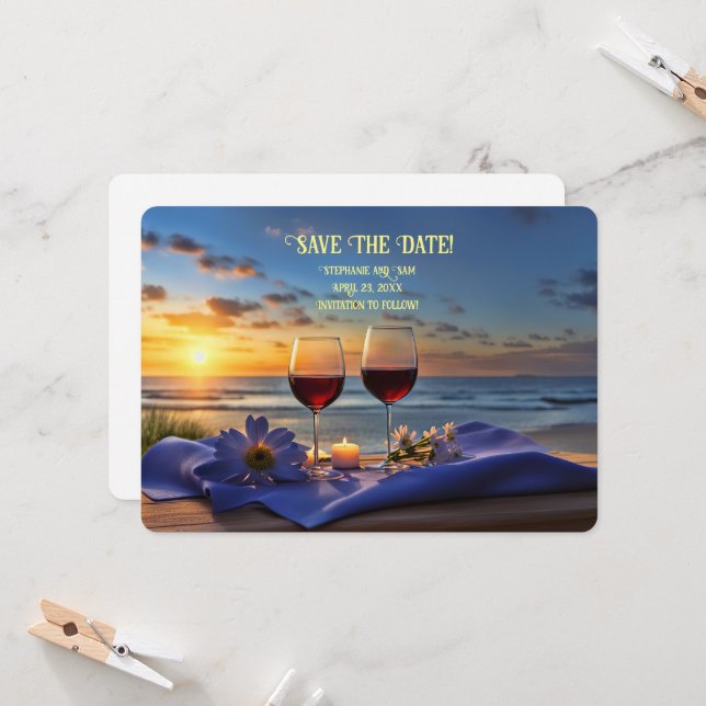 Invitation Annonce de vin de plage romantique pour Sauvegarde (Devant/Arrière en situation)