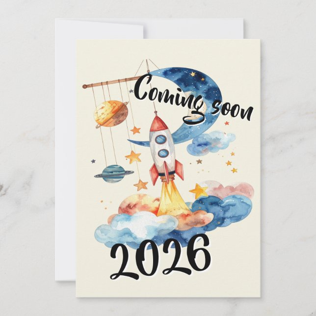 Invitation Annoncer une grossesse 2026 fusée espace (Devant)