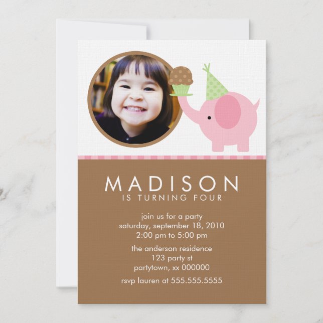 Invitation Annonces d'anniversaire d'éléphant rose et de (Devant)