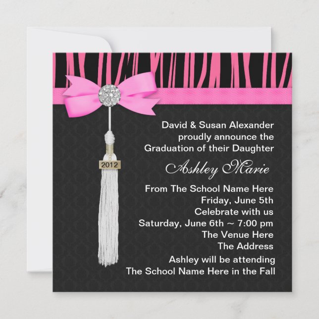 Invitation Annonces de Graduation de Hot Pink Zebra (Devant)