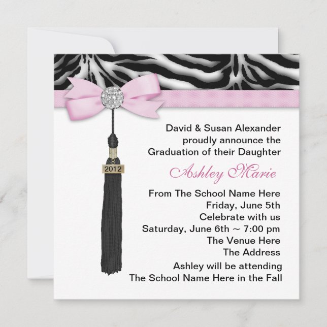 Invitation Annonces de graduation Girls Pink Zebra (Devant)