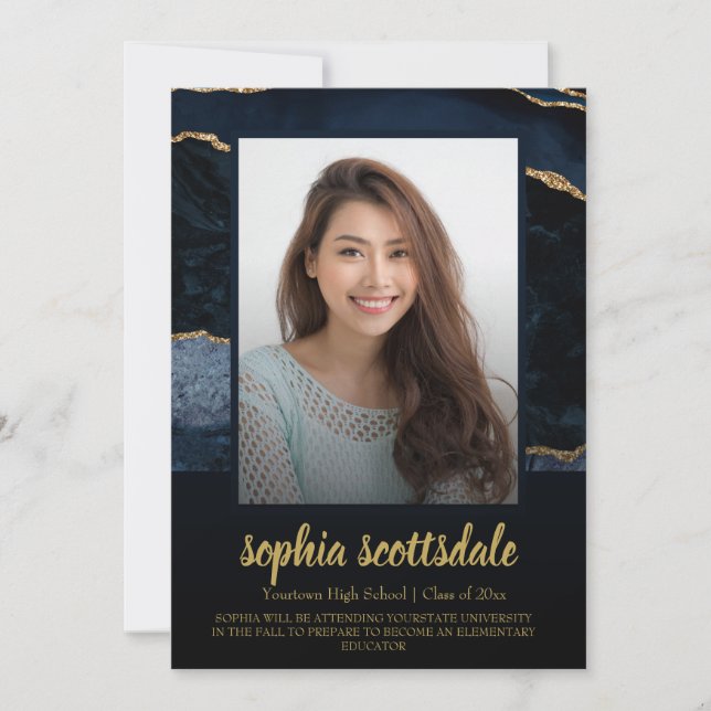 Invitation Annonces de graduation photo en marbre bleu or (Devant)