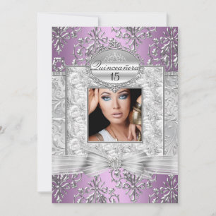 Invitation Annonces de Quinceanera pourpre & argent damassé