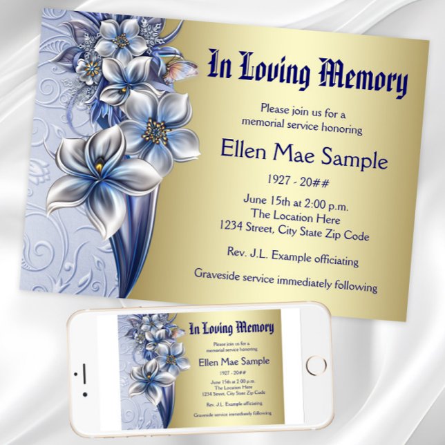 Invitation Annonces de service commémoratif bleu élégant (Blue and gold memorial service invitation and announcement. Download and printed available.)