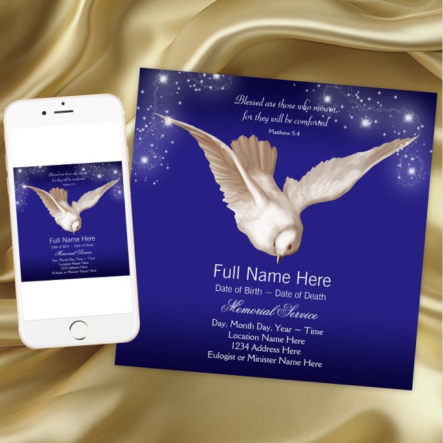 Invitation Annonces du service mémorial Blue Dove (Dove memorial service announcements. Instant download and printed announcements are available.)