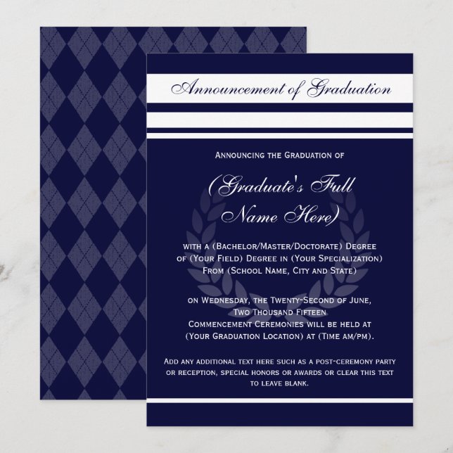 Invitation Annonces formelles de diplômes universitaires (Ble (Devant / Derrière)