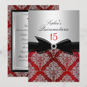 Invitation Annonces Red Damask Bow Quinceanera