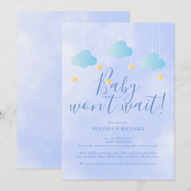 Invitation Annulation de Baby Shower Blue Shower par la poste (Devant / Derrière)