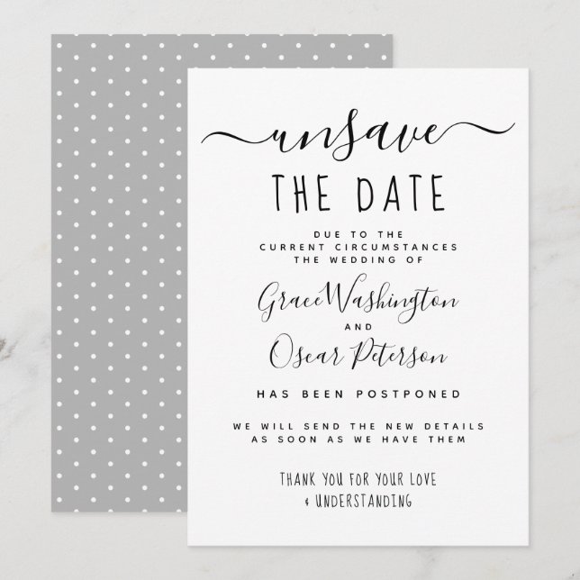 Invitation Annulation de la date calligraphiée pour un mariag (Devant / Derrière)