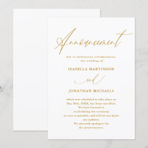 Invitation Annulation de mariage à la calligraphie en or faux