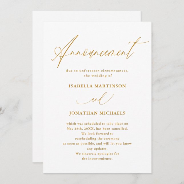 Invitation Annulation du Mariage de la calligraphie d'or Faux (Devant / Derrière)