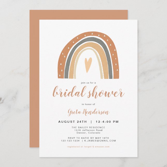 Invitation ANSLEY | Boho Burnt Orange Rainbow Fête des mariée (Devant / Derrière)