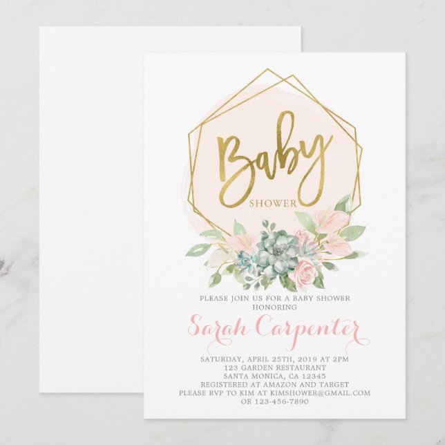 Invitation Anthurium Floral Geometry baby shower girl (Devant / Derrière)