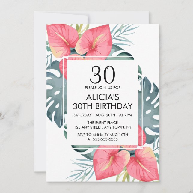 Invitation Anthurium Tropical Moderne & Monstera Anniversaire (Devant)