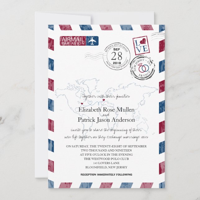 Invitation Antique Airmail New Jersey et France | Mariage (Devant)