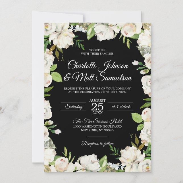 Invitation Antique Aquarelle Blanc Noir Floral Mariage (Devant)