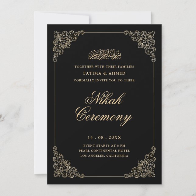 Invitation Antique Baroque Or Script Mariage Nikah Noir Cérém (Devant)