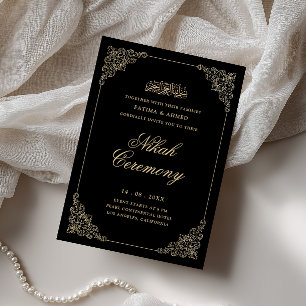 Invitation Antique Baroque Or Script Mariage Nikah Noir Cérém