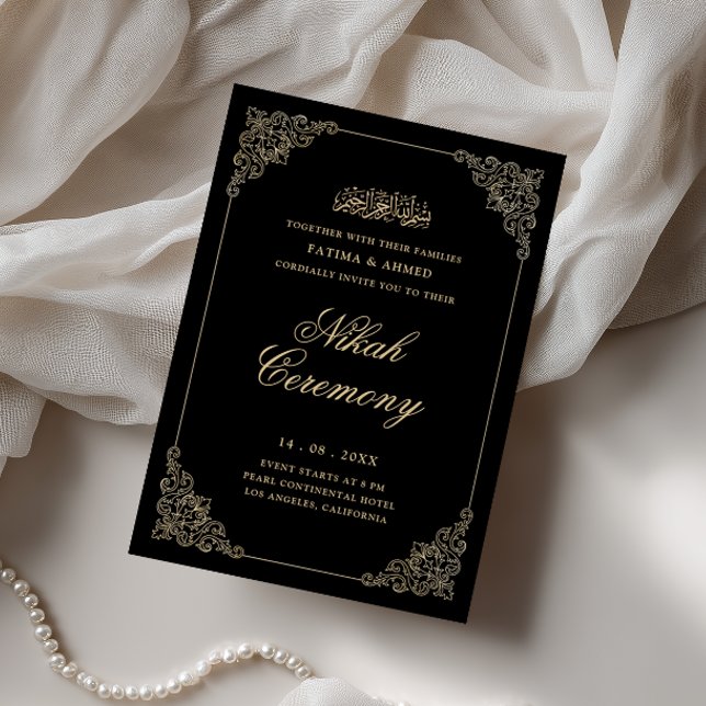 Invitation Antique Baroque Or Script Mariage Nikah Noir Cérém (Créateur téléchargé)