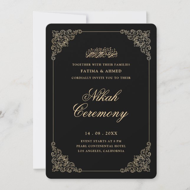 Invitation Antique Baroque Or Script Mariage Nikah Noir Cérém (Devant)