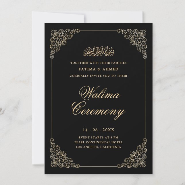 Invitation Antique Baroque Or Script Walima Cérémonie noire (Devant)