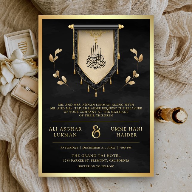Invitation Antique Black Gold Scroll Mariage musulman (Créateur téléchargé)