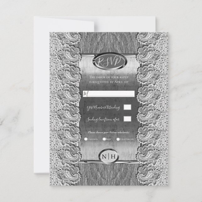 Invitation Antique Blanc dentelle gris bois Mariage d'argent (Devant)