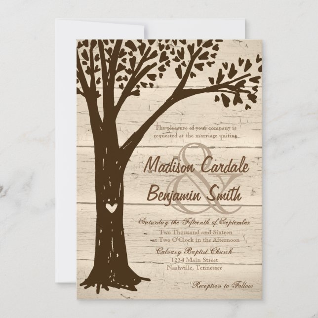 Invitation Antique Bois sculpté Coeur Arbre Mariage Invite (Devant)