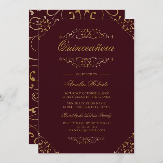 Invitation Antique Bourgogne Gold Flourish Quinceanera Invita (Devant / Derrière)