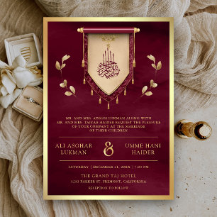 Invitation Antique Burgundy Gold Scroll Mariage musulman
