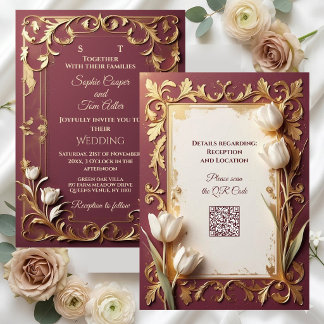 Invitation Antique Burgundy Ivory Tulips Gold Baroque Wedding