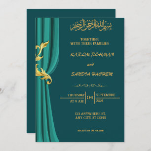 Invitation Antique cadre or Emerald Green Mariage islamique