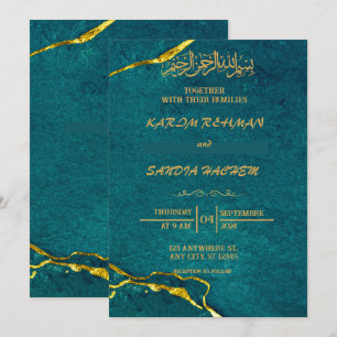 Invitation Antique cadre or Emerald Green Mariage islamique