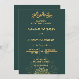 Invitation Antique cadre or Emerald Green Mariage islamique