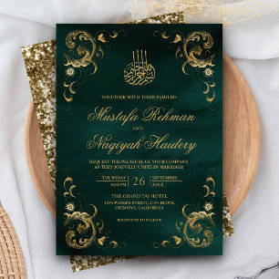 Invitation Antique cadre or Emerald Green Mariage islamique