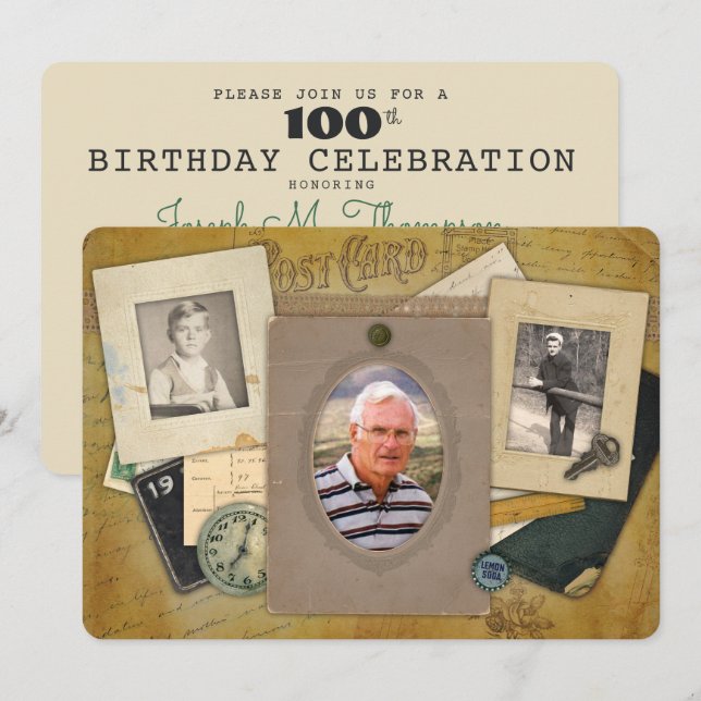 Invitation Antique Collage | Masculine 3 Photo Année personna (Devant / Derrière)