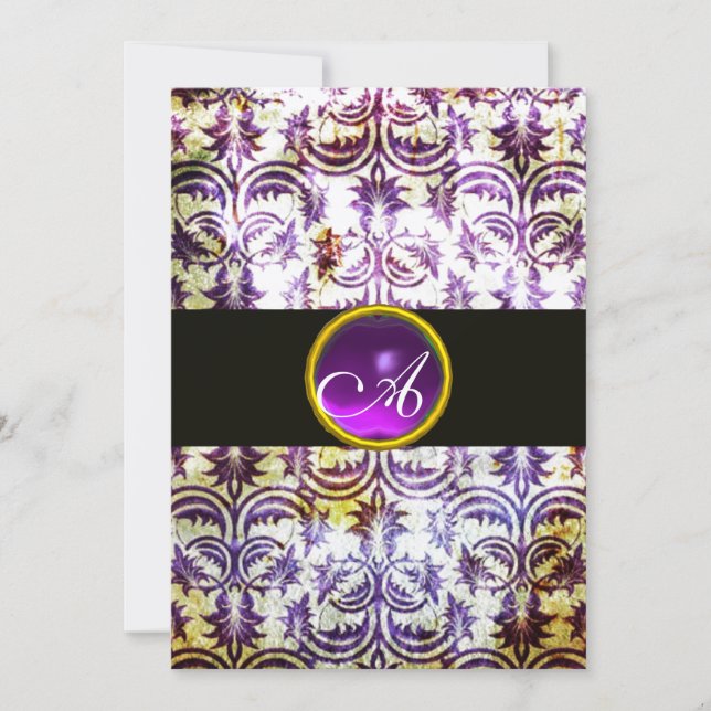 Invitation ANTIQUE DAMASK MONOGRAM, noir blanc violet, argent (Devant)