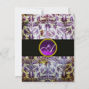 Invitation ANTIQUE DAMASK MONOGRAM, noir blanc violet, argent