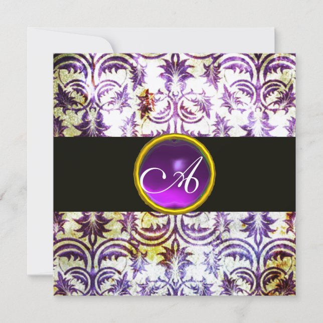 Invitation ANTIQUE DAMASK MONOGRAM, noir blanc violet, or (Devant)