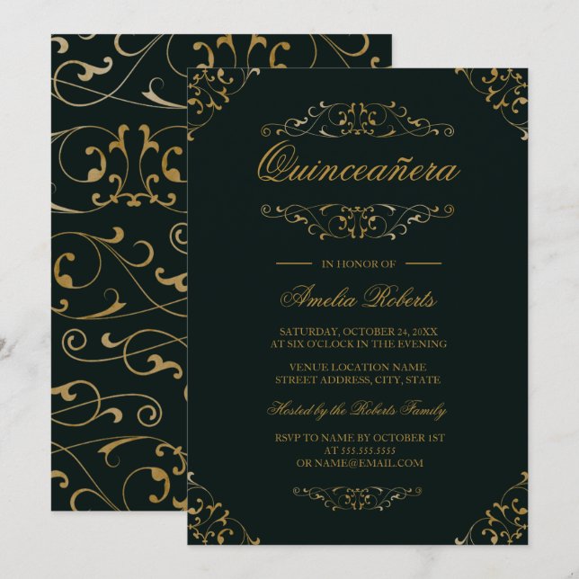 Invitation Antique Emerald Gold Flourish Quinceanera Invitati (Devant / Derrière)