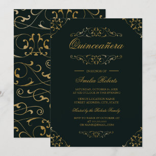 Invitation Antique Émeraude Or Flourish Quinceaner